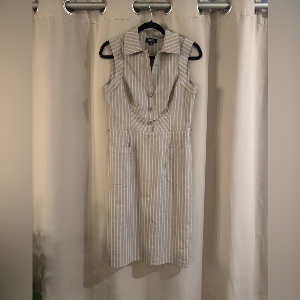 Adrianna Papell Beige and White Striped Midi Sheath Dress